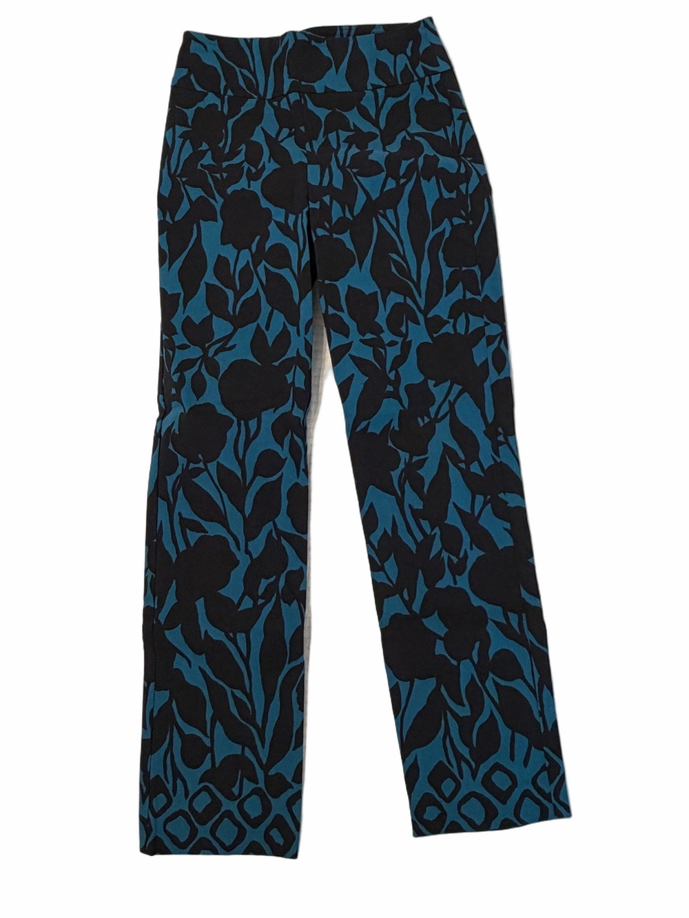 Joseph Ribkoff Teal Black Floral Microtwill Pull-On Trousers Size 4